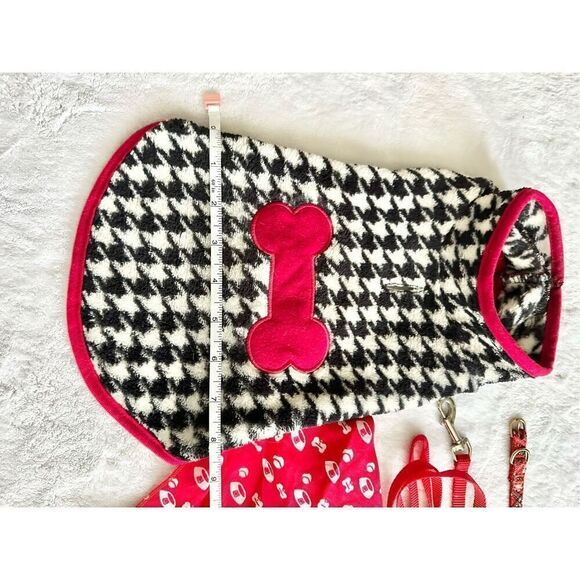 Red dog supply set - black and white houndstooth with red sweater, red leash, re - Picture 4 of 4